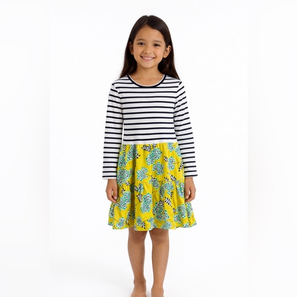 Tea Collection Other - Tea Collection Girls Navy Striped and Yellow Floral Tiered Cotton Dress - Size 8